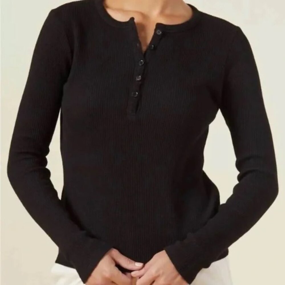 MONROW Long Sleeve Henley Shirt Black NEW! Cotton Modal
